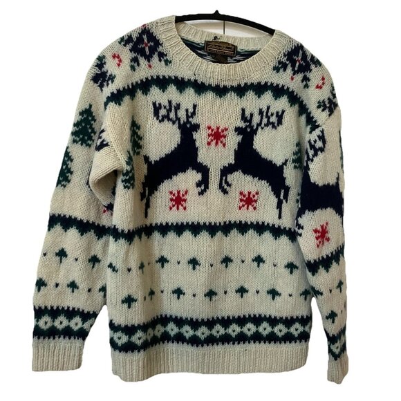 Vintage 1989 Eddie Bauer Sweater Small Wool Reindeer Ugly Xmas Christmas Nordic - Picture 1 of 9